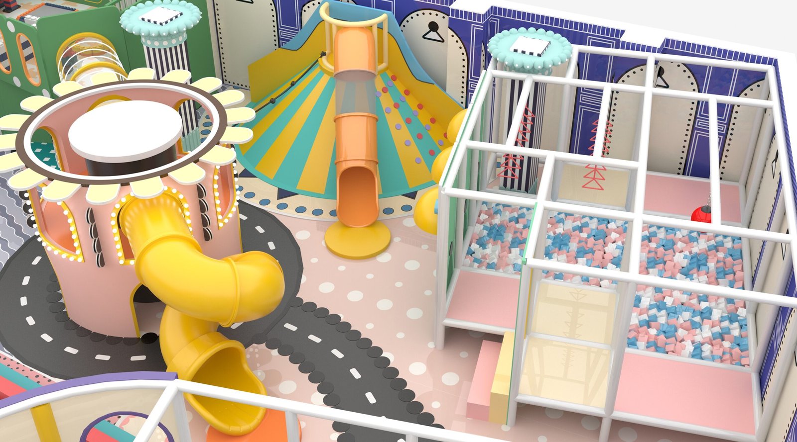 Children engaging with a bright, colorful display image wall at the indoor play center in Sheepshead Bay