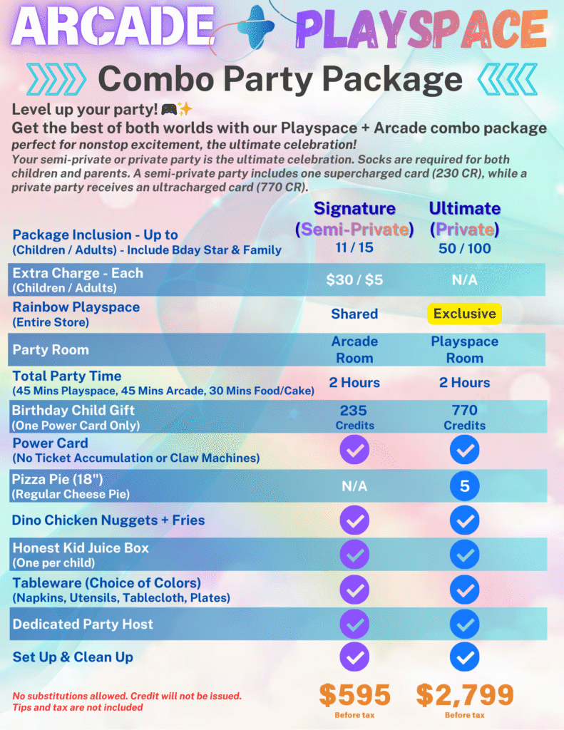 Kids enjoying a fun and clean playspace and arcade party package at Rainbow Playspace in Brooklyn