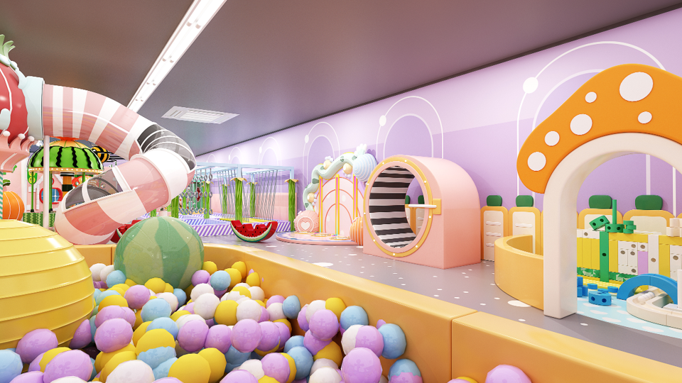 Children interacting with a bright and colorful display image wall at the indoor play center in Bensonhurst