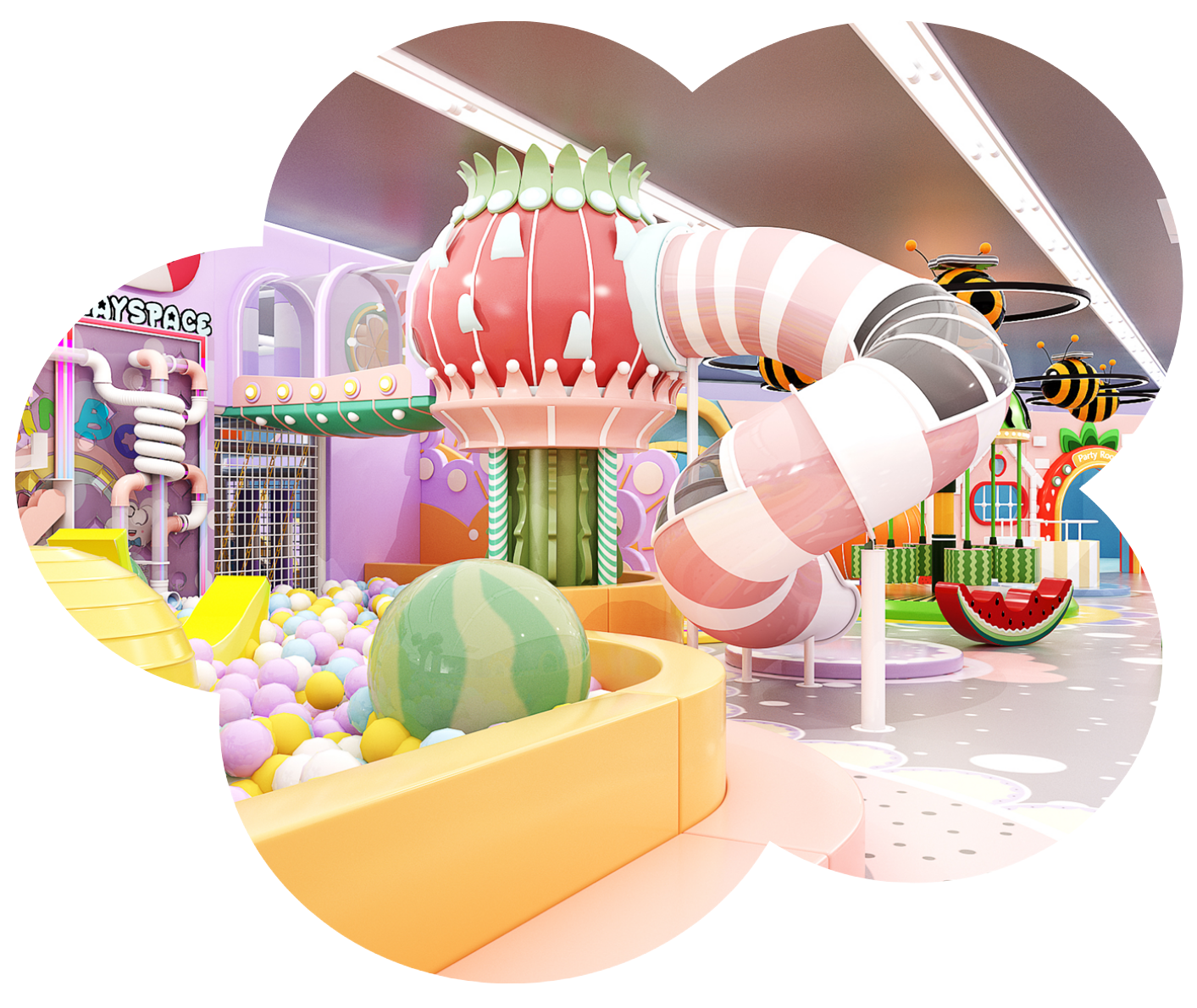 Colorful indoor playground at Rainbow Playspace with kids playing on slides, climbing structures, and ball pits.