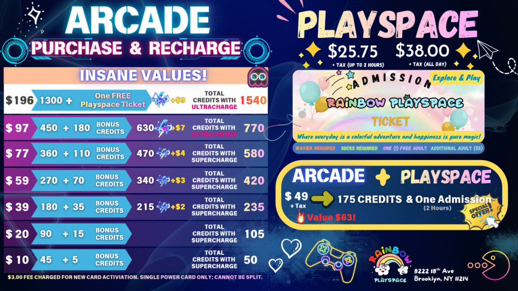 Digital screen displaying arcade credit pricing options including game token packages and bonus credits