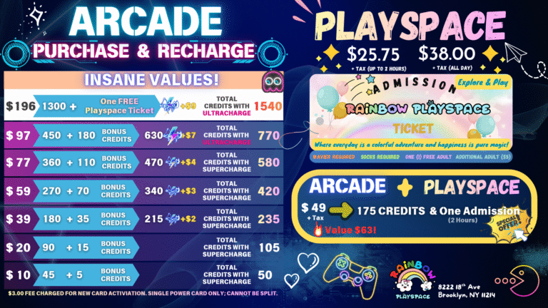 Digital screen displaying arcade credit pricing options including game token packages and bonus credits