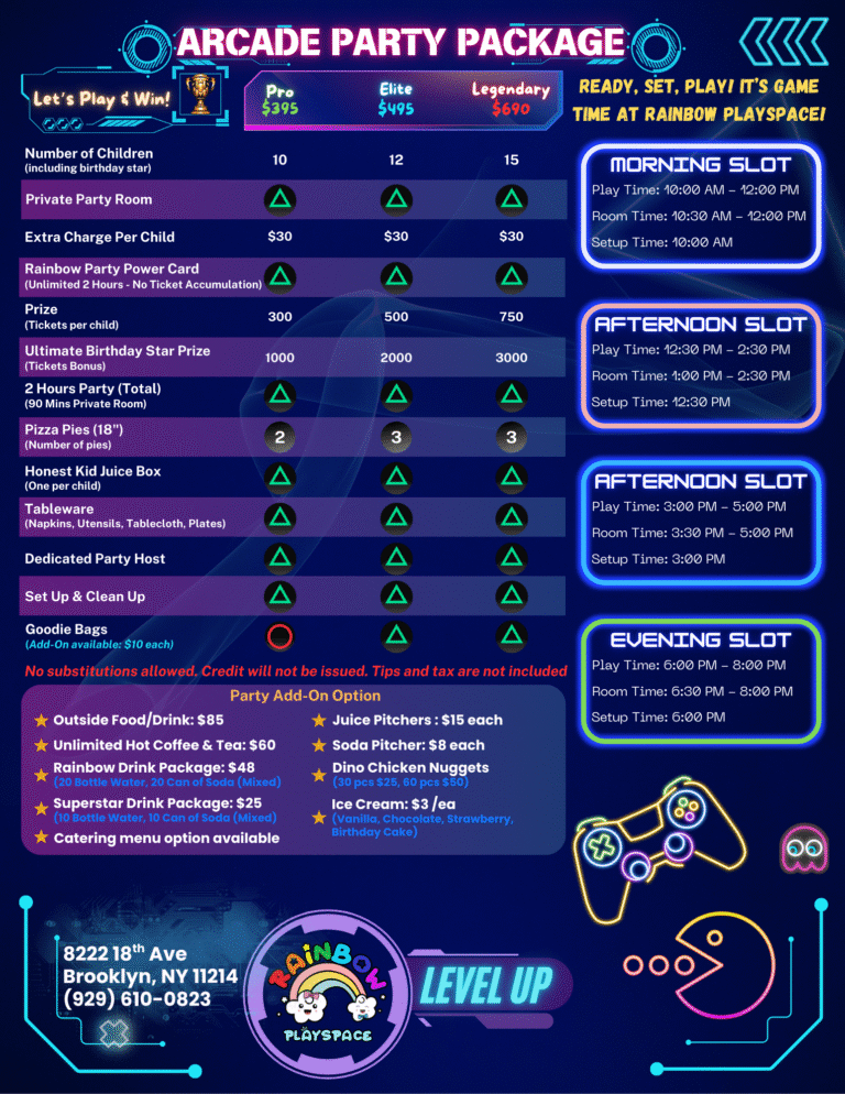 Children playing arcade games and celebrating a birthday with balloons and party decorations.