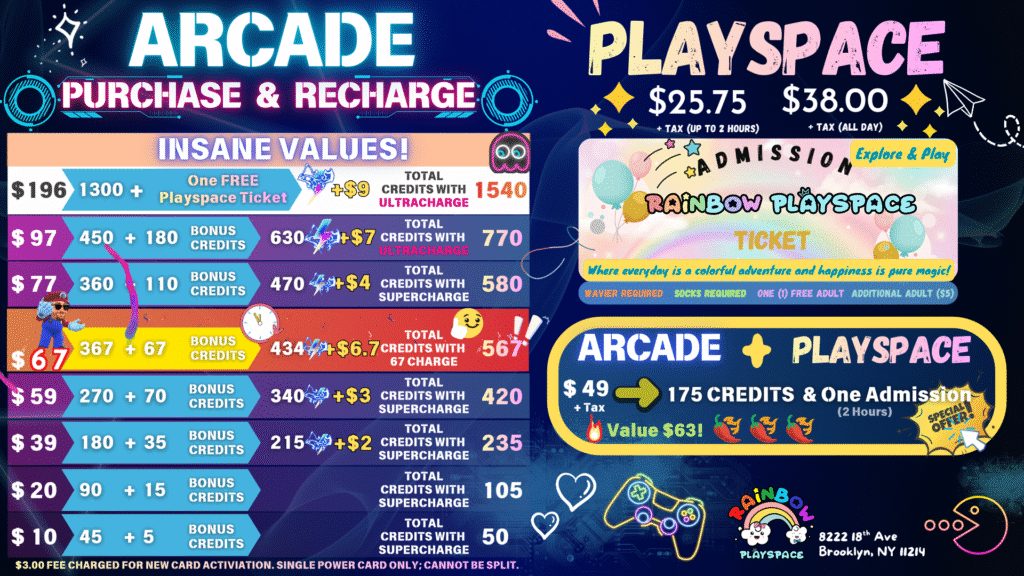 Digital screen displaying arcade credit pricing options including game token packages and bonus credits
